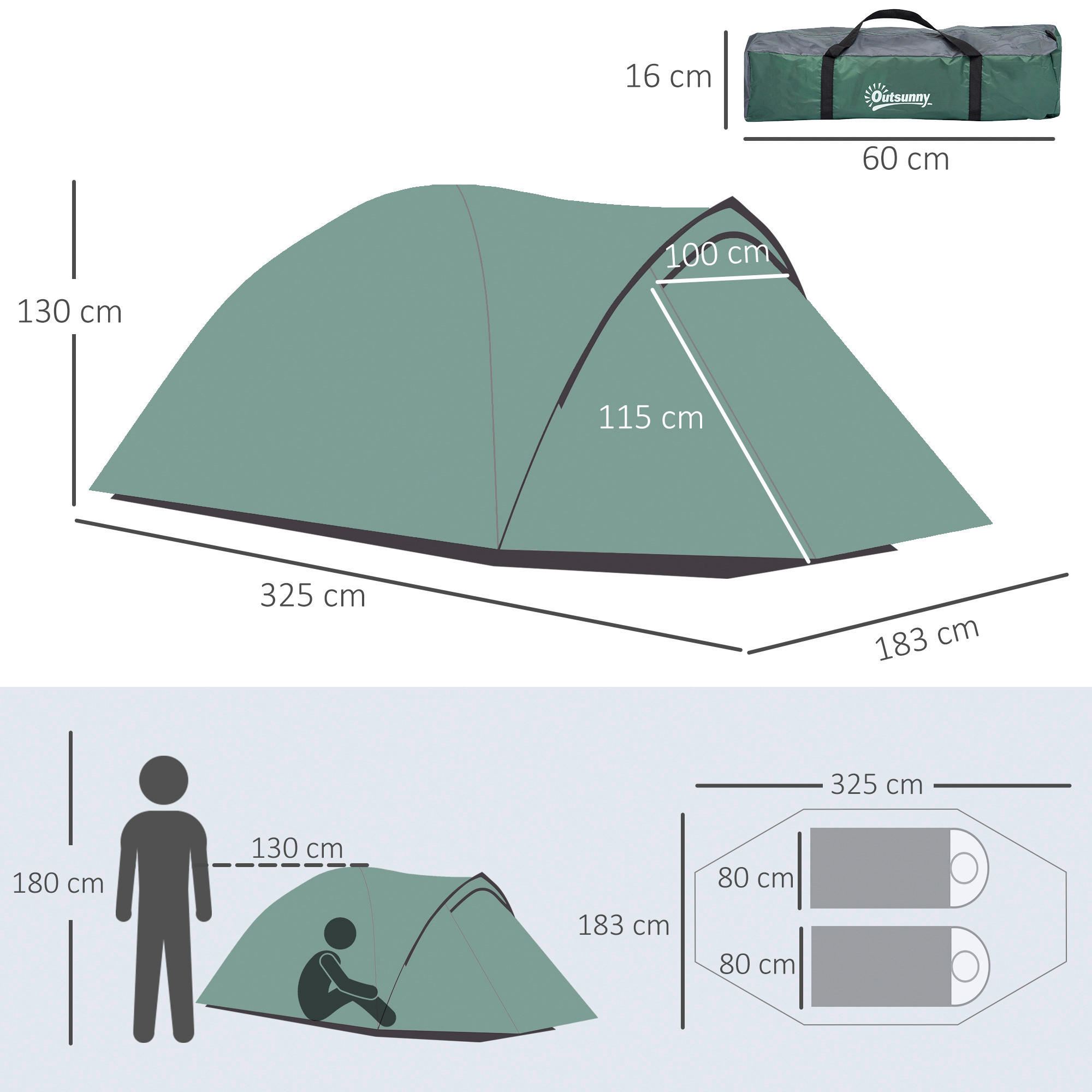 Outsunny Campingzelt grau Polyester B/H/L: ca. 183x130x325 cm Campingzelt - grau (325,00/183,00/130,00cm) - Outsunny