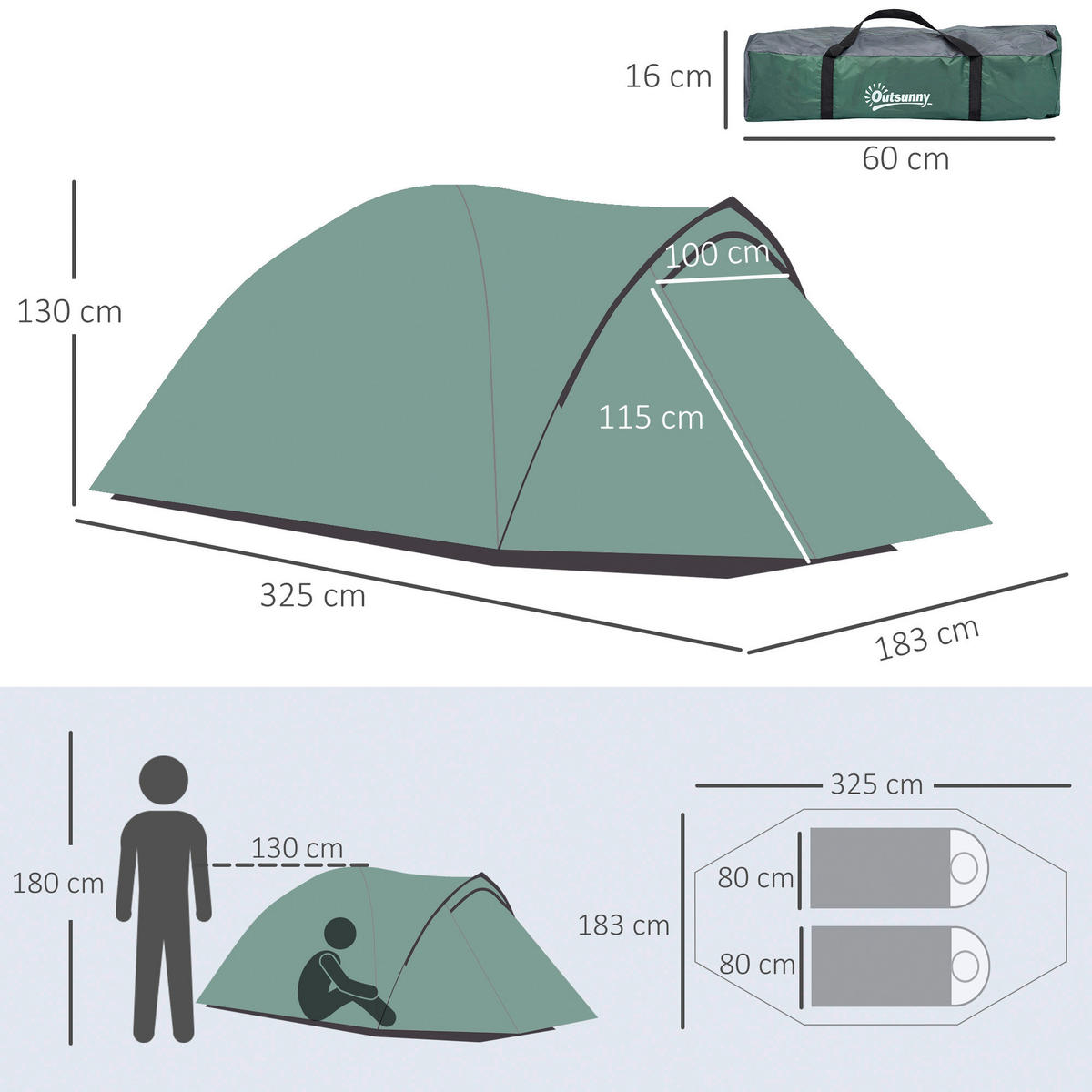 Outsunny Campingzelt grau Polyester B/H/L: ca. 183x130x325 cm Campingzelt - grau (325,00/183,00/130,00cm) - Outsunny