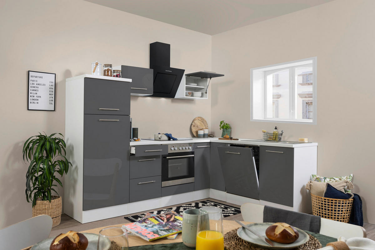 Respekta Winkelküche Amanda grau Hochglanz B/H/T: ca. 260x200x60 cm Amanda - weiß/Edelstahloptik (260,00/200,00/60,00cm) - Respekta