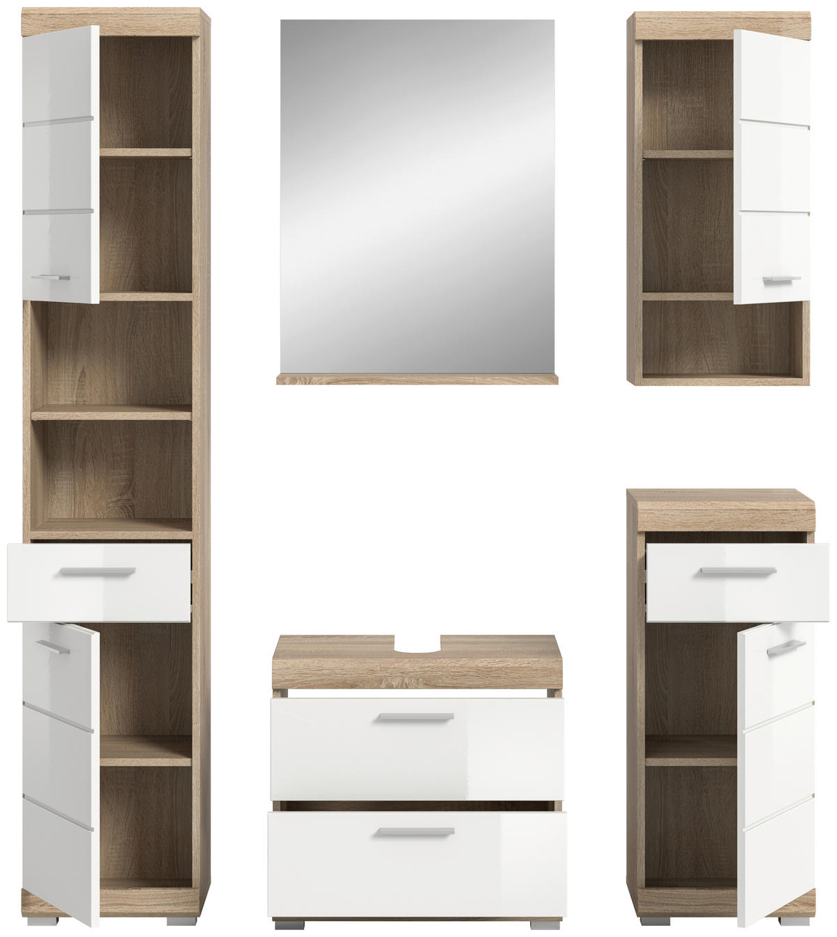 Badezimmer-Set Lambada Eiche Sonoma Nachbildung weiß Hochglanz B/H/T: ca. 164x191x37 cm Lambada - Eiche/weiß (164,00/191,00/37,00cm) - xonox.home
