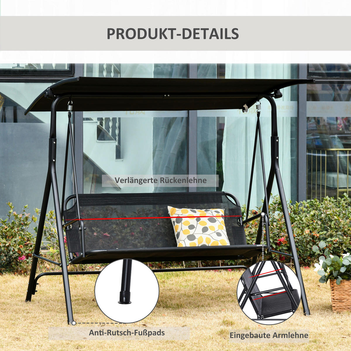 Outsunny Hollywoodschaukel schwarz Metall B/H/L: ca. 110x155x172 cm Hollywoodschaukel - schwarz (172,00/110,00/155,00cm) - Outsunny