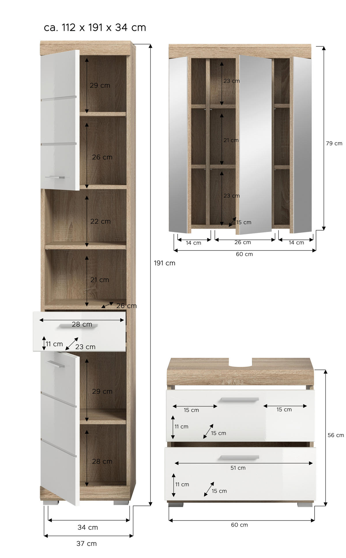 Badezimmer-Set Lambada Eiche Sonoma Nachbildung weiß Hochglanz B/H/T: ca. 112x191x37 cm Lambada - Eiche/weiß (112,00/191,00/37,00cm) - xonox.home