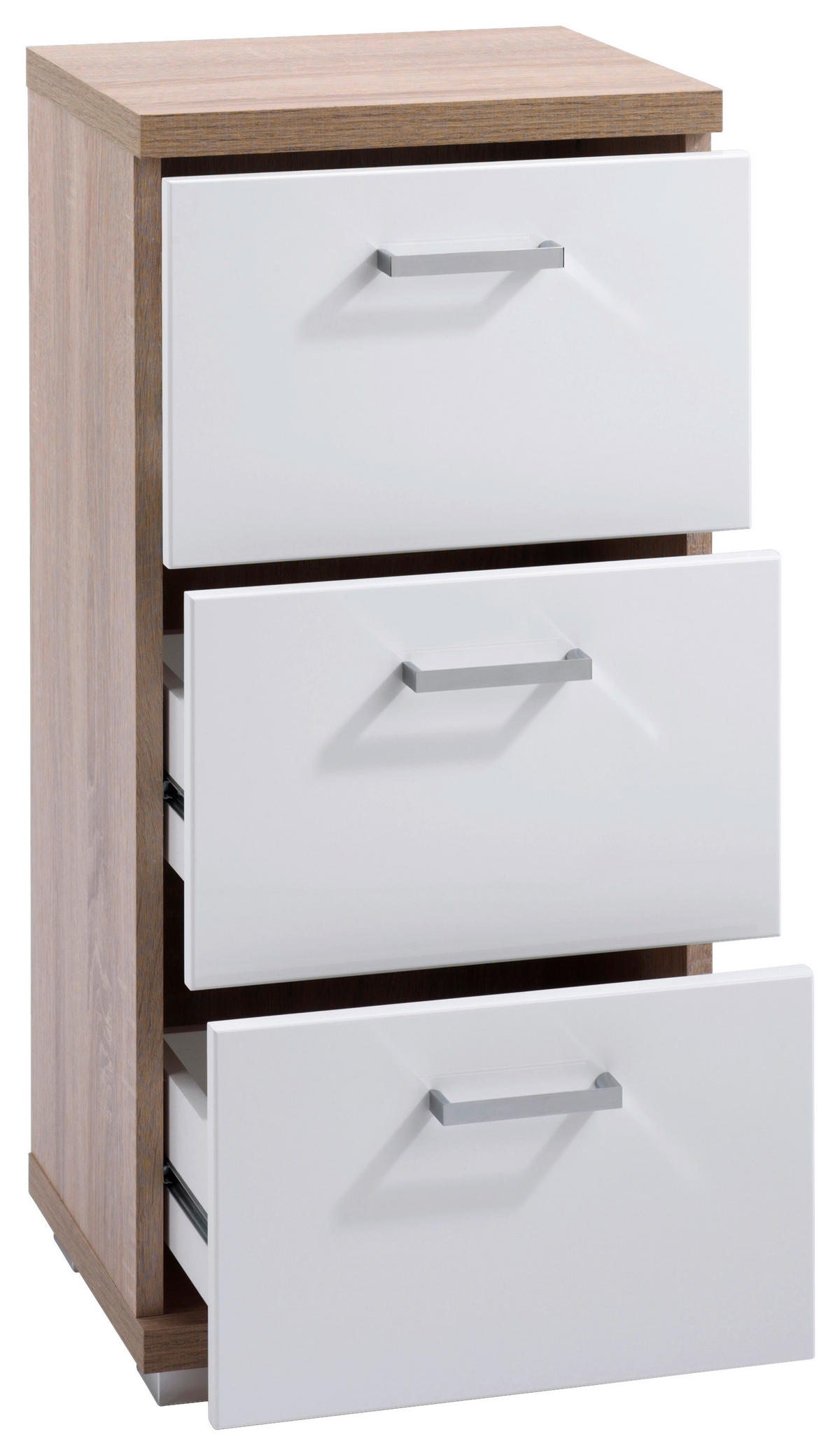 Schrank NEBRASKA Eiche Nachbildung weiß Hochglanz silber verchromt B/H/T: ca. 35x74x31,5 cm NEBRASKA - Eiche/weiß (35,00/74,00/31,50cm) - byLIVING