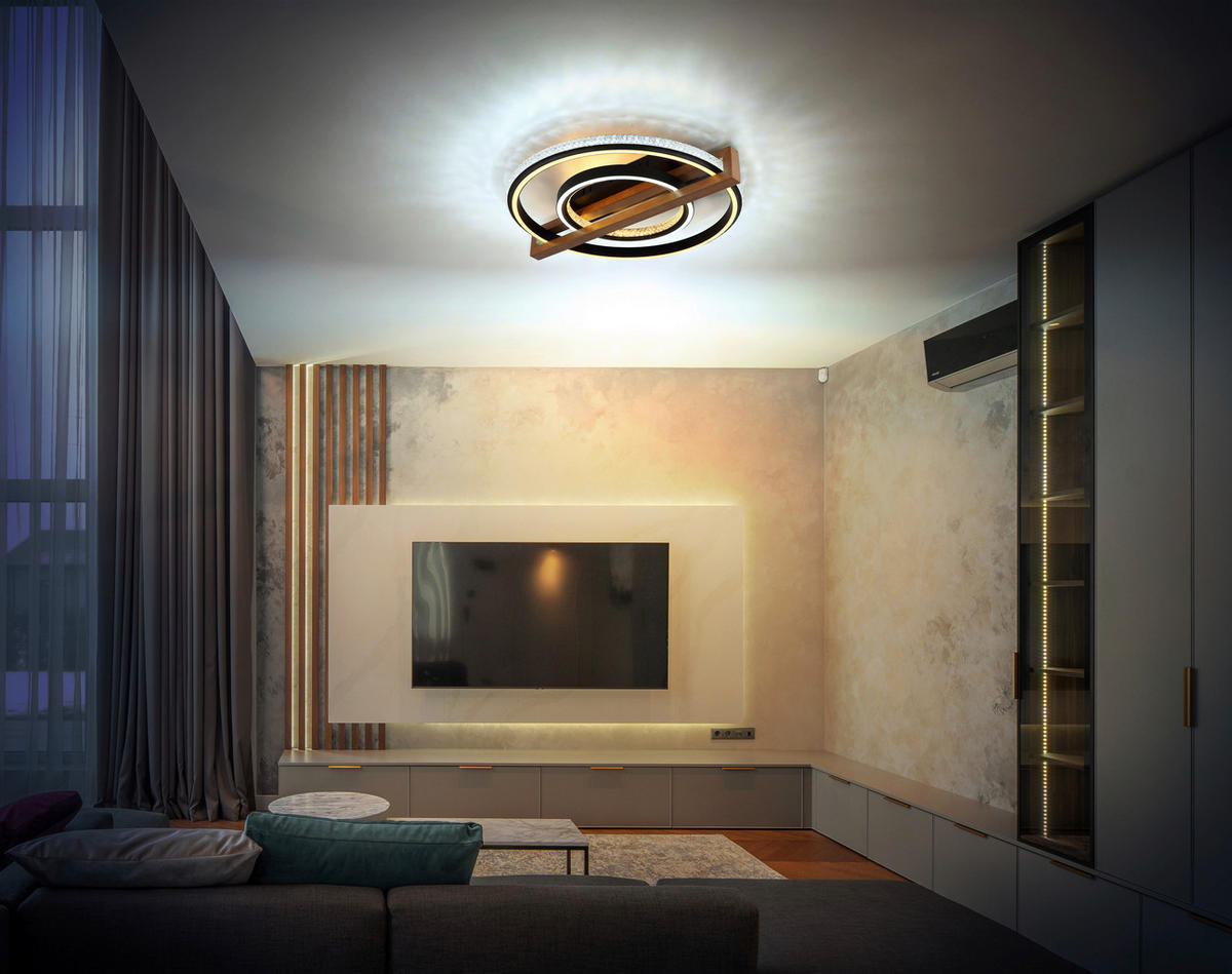 GLOBO LED-Deckenleuchte mattschwarz Opal dunkelbraun Metall Kunststoff Holz B/H/L: ca. 55x11,5x50 cm 1 Brennstellen DELORIS - dunkelbraun/Opal (50,00/55,00/11,50cm) - GLOBO