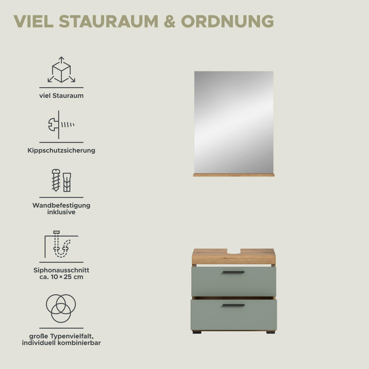 Badezimmer-Set Scout Eiche Artisan Nachbildung salbei Nachbildung B/H/T: ca. 60x191x37 cm Scout - Eiche/salbei (60,00/191,00/37,00cm) - xonox.home