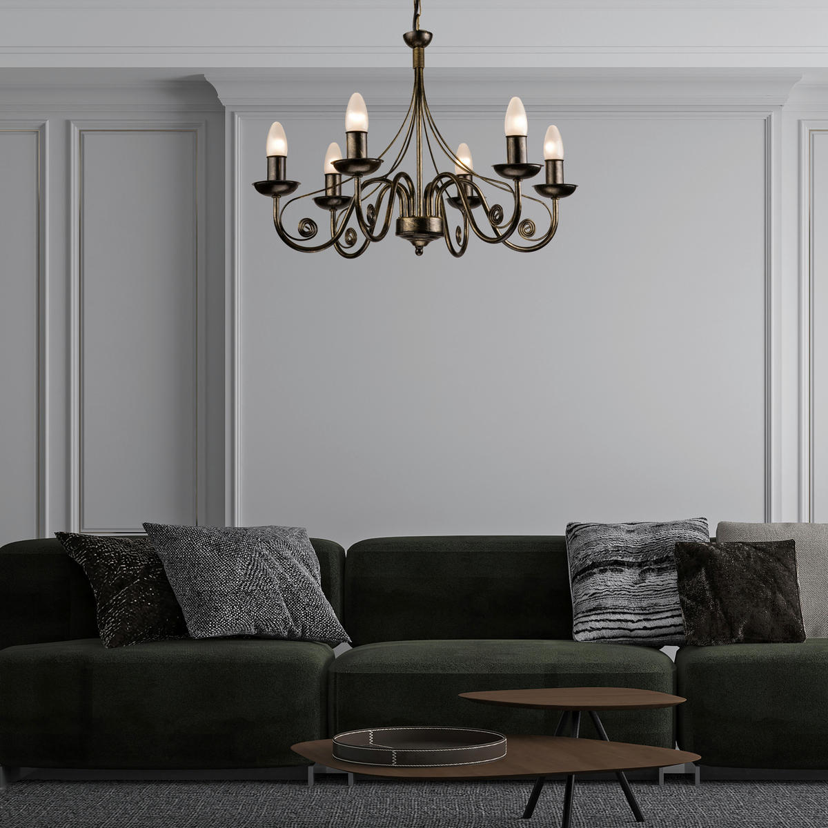 Lamkur Kronleuchter schwarz Stahl B/H/L: ca. 57x72x57 cm E14 6 Brennstellen DONATO - schwarz (57,00/57,00/72,00cm) - Lamkur