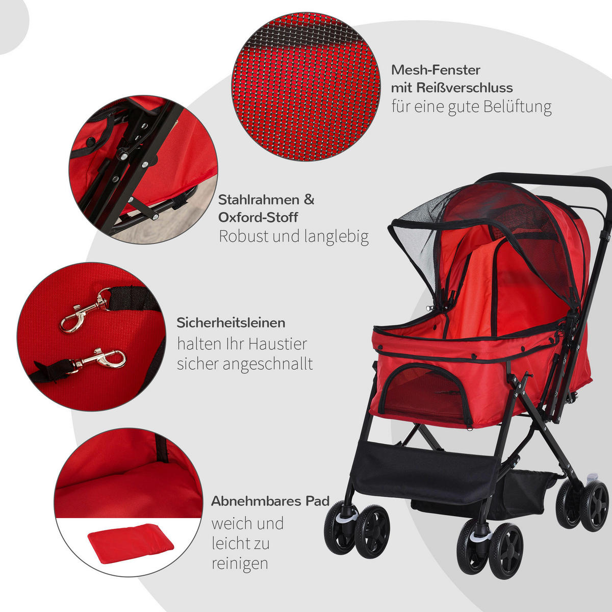 PawHut Hunde-Zubehör rot Polypropylen B/H/L: ca. 52x76,5x95 cm Hundebuggy - rot (95,00/52,00/76,50cm) - PawHut