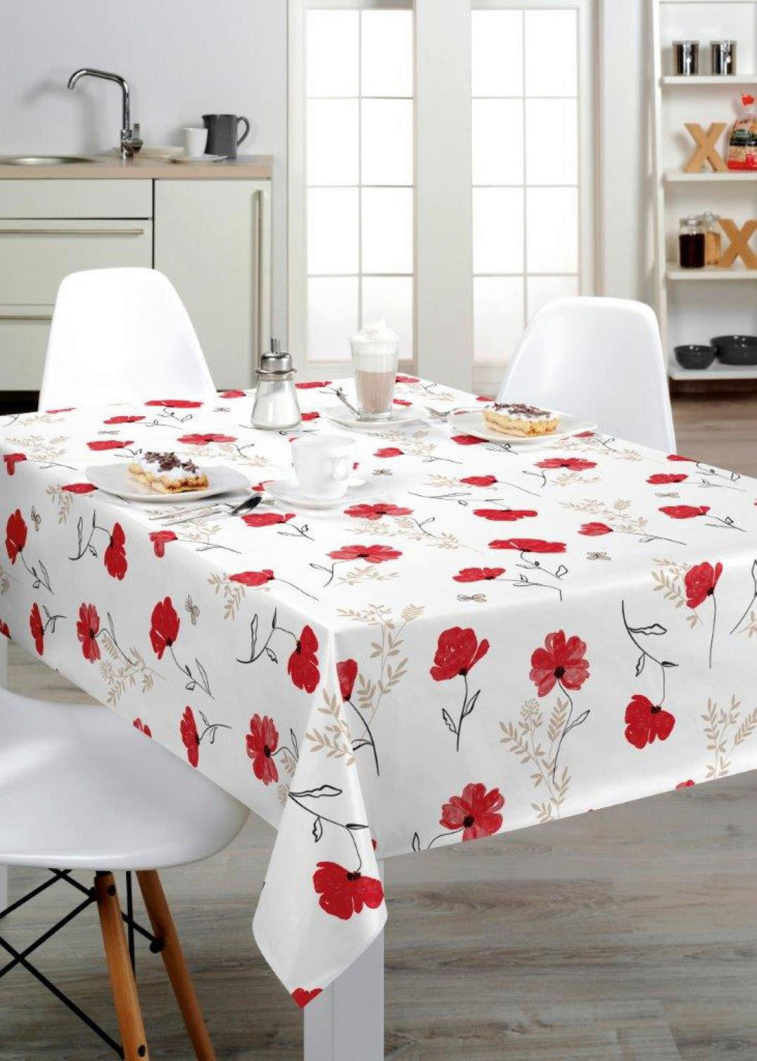 Milano Abwaschbarer Tischbelag Mohn Abstrakt weiß B: ca. 140 cm Mohn Abstrakt - weiß/rot (140,00cm) - Milano