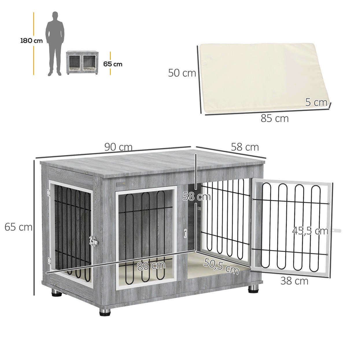PawHut Hunde-Zubehör grau Edelstahl B/H/L: ca. 58x90x65 cm Hundekäfig - grau (65,00/58,00/90,00cm) - PawHut