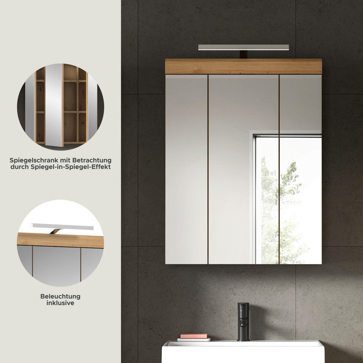 Spiegelschrank Scout Eiche Artisan Nachbildung salbei Nachbildung B/H/T: ca. 60x79x37 cm Scout - Eiche/salbei (60,00/79,00/37,00cm) - xonox.home