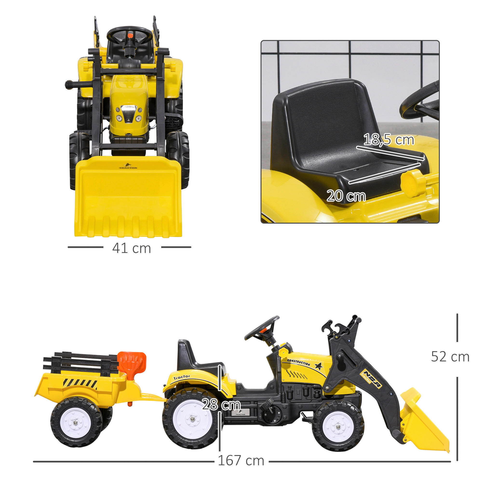 HOMCOM Kinder-Trettraktor gelb B/H/L: ca. 41x52x167 cm Kinder-Trettraktor - gelb (167,00/41,00/52,00cm) - HOMCOM