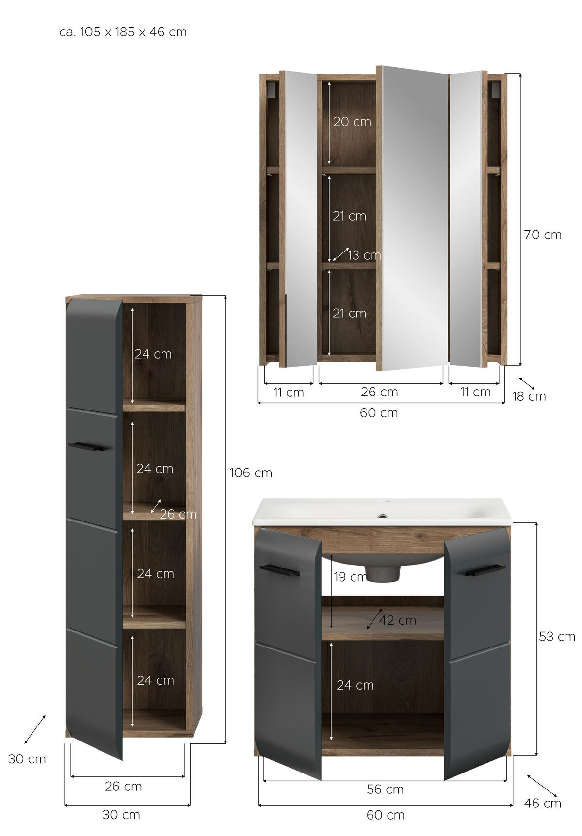 Badezimmer-Set Ice Nox Oak Nachbildung schwarz matt B/H/T: ca. 105x185x46 cm Ice - schwarz (105,00/185,00/46,00cm) - xonox.home