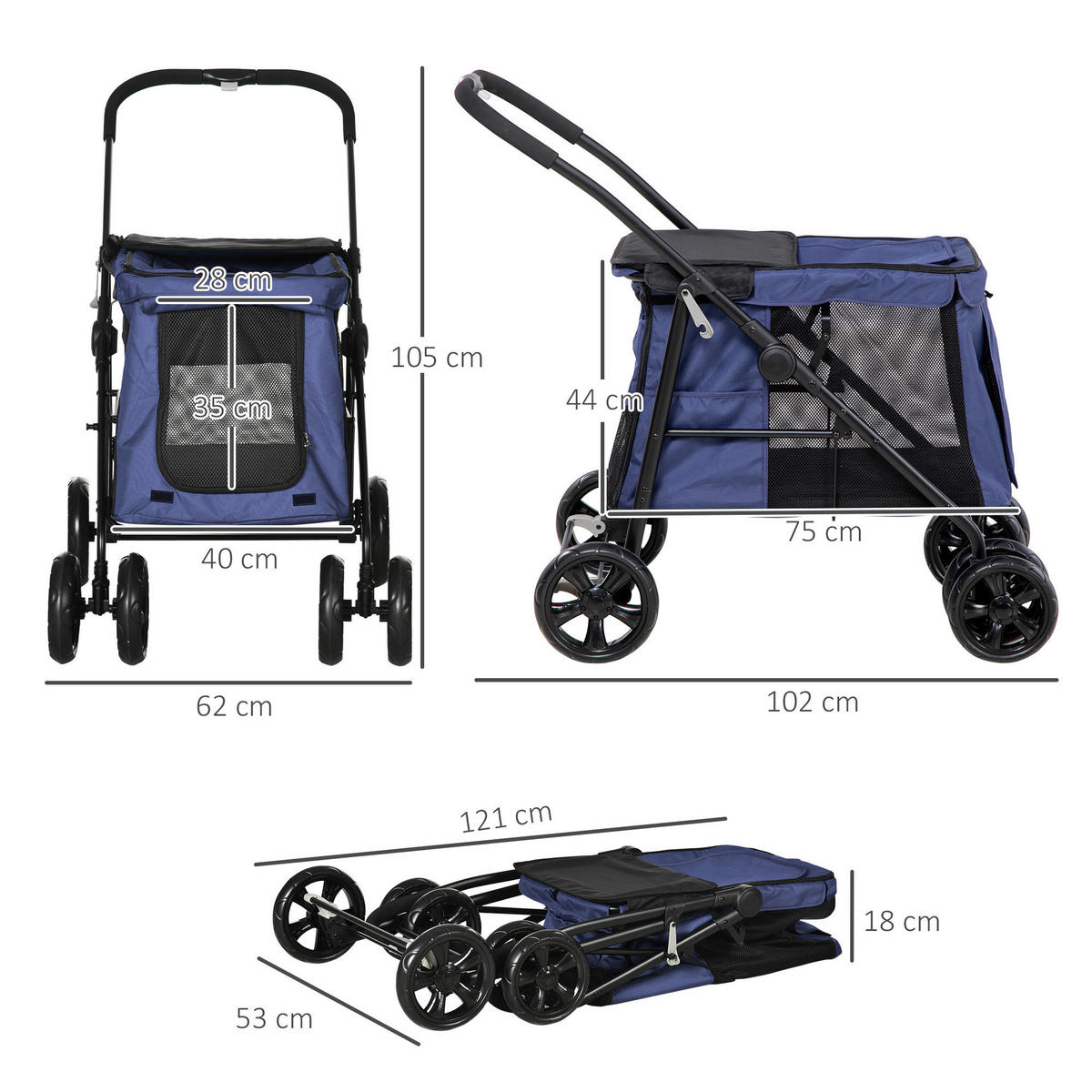 PawHut Hunde-Zubehör blau Polyester B/H/L: ca. 62x102x105 cm Hundewagen - blau (105,00/62,00/102,00cm) - PawHut