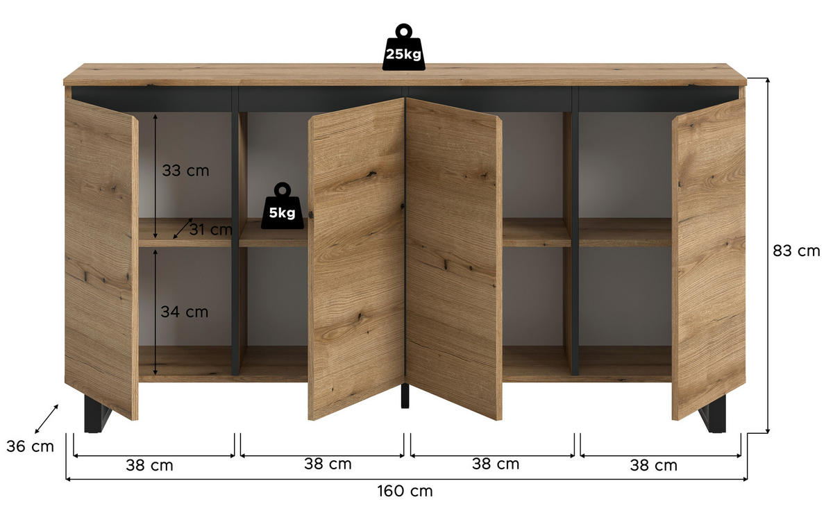 Sideboard Tomasa Evoke Oak Nachbildung schwarz B/H/T: ca. 160x84x36 cm Tomasa - schwarz (160,00/84,00/36,00cm) - xonox.home