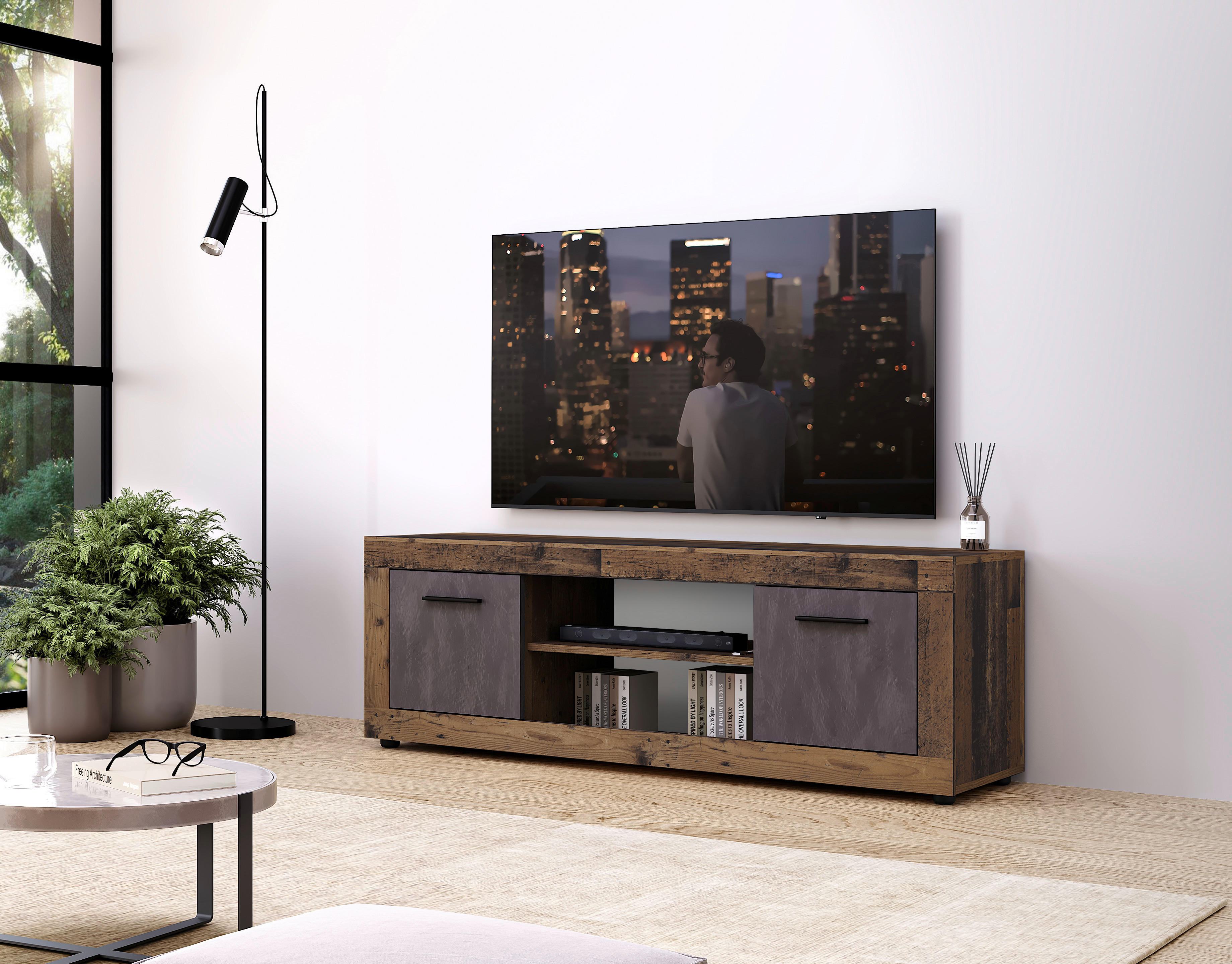 TV-Lowboard LUNA 2D Eiche Old Wood Nachbildung Eiche Matera Nachbildung Beton Optik B/H/T: ca. 140x40x40 cm LUNA 2D - Eiche/Beton (140,00/40,00/40,00cm) - WIPMEB