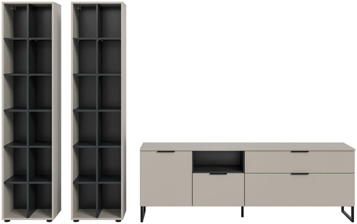 Wohnwand Noida Kaschmirgrau Nachbildung schwarz B/H/T: ca. 305x192x41 cm Noida - schwarz (305,00/192,00/41,00cm) - xonox.home