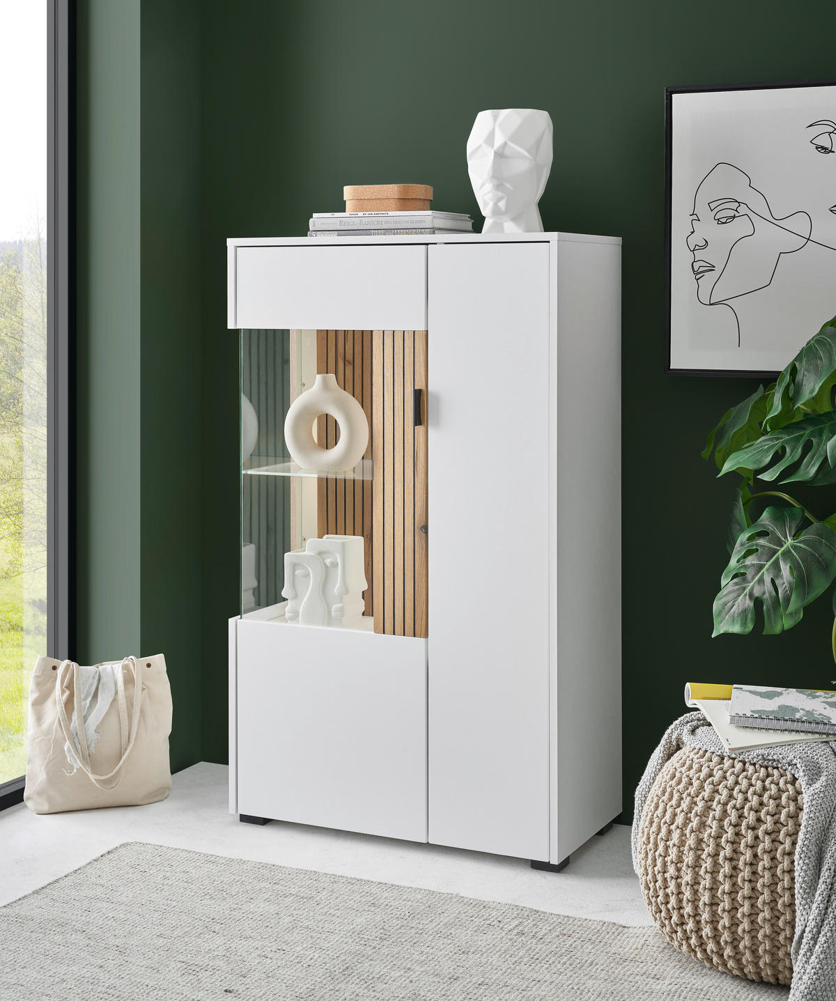 Vitrine Hudson weiß matt Eiche Evoke Coast Nachbildung B/H/T: ca. 75x125x38 cm Hudson - Eiche/weiß (75,00/125,00/38,00cm)