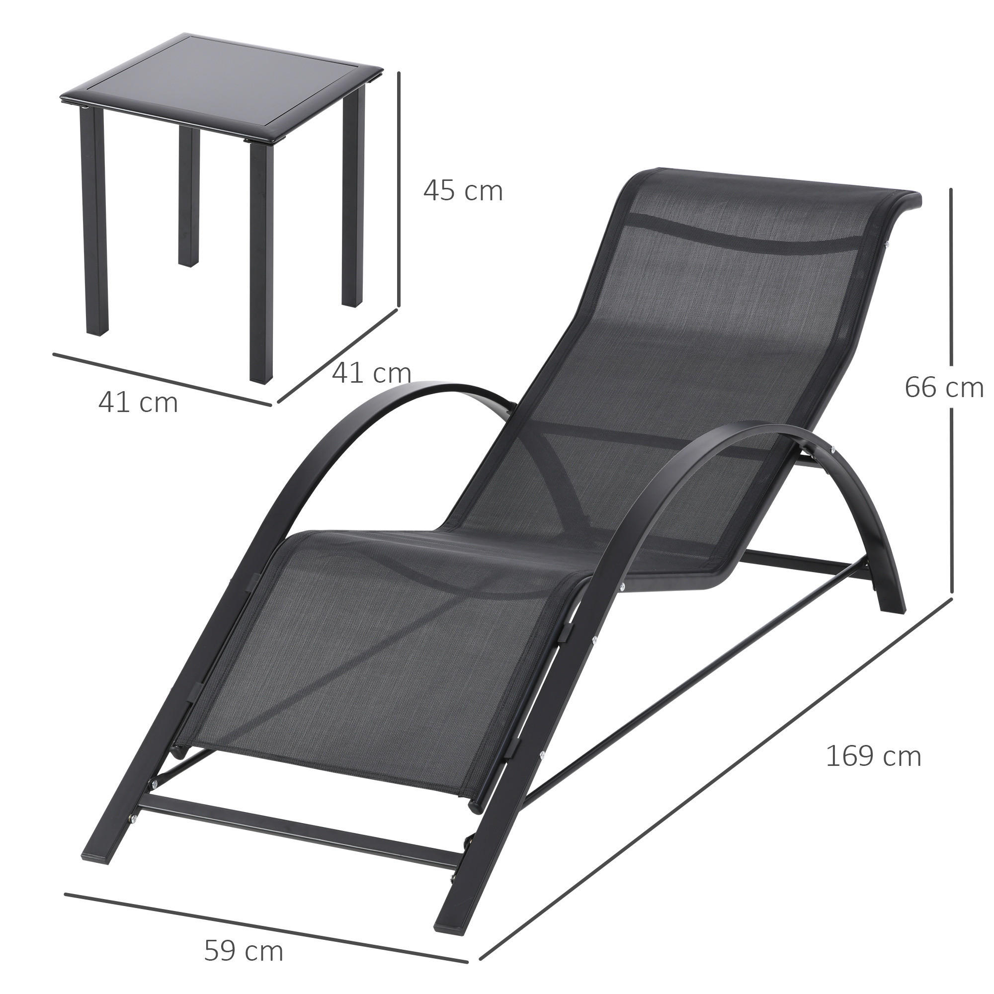 Thumbnail - Outsunny Gartenliege-Set mit Tisch schwarz Netzstoff B/H/L: ca. 169x66x59 cm