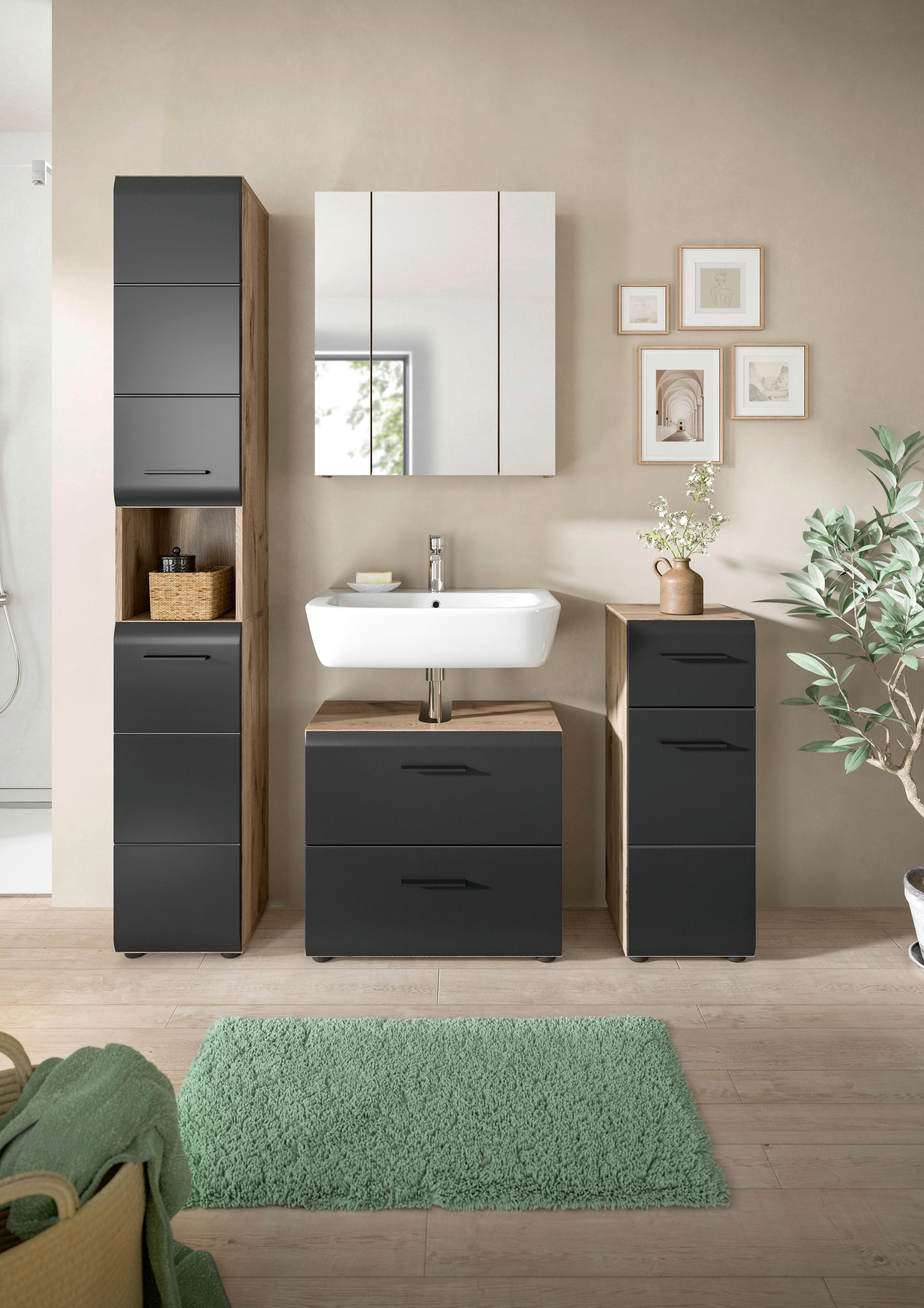 Badezimmer-Set Ice Nox Oak Nachbildung schwarz matt B/H/T: ca. 150x185x30 cm Ice - schwarz (150,00/185,00/30,00cm) - xonox.home