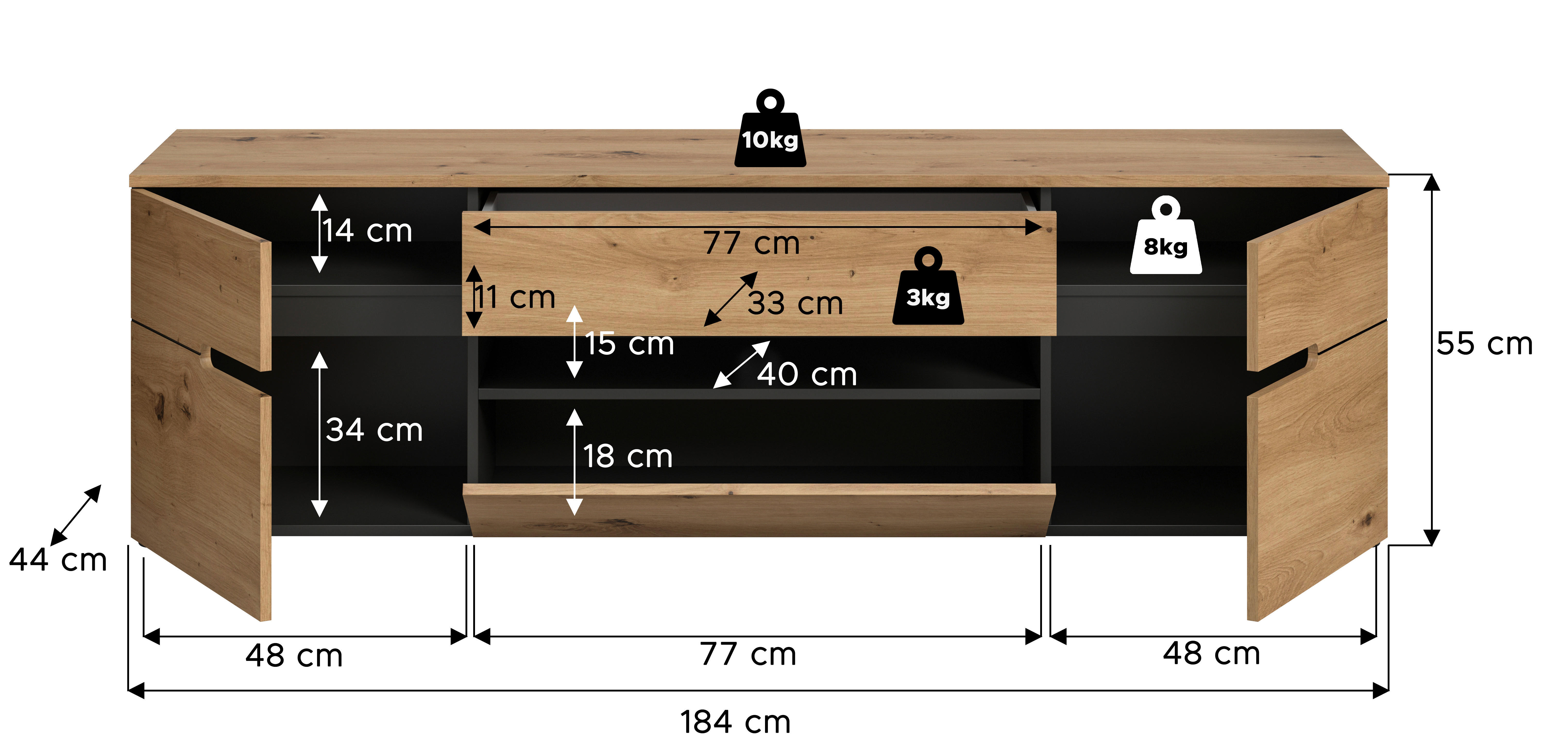 TV-Lowboard Canu basaltgrau Nachbildung Artisan Oak Nachbildung B/H/T: ca. 55x184x44 cm Canu - basaltgrau (55,00/184,00/44,00cm) - xonox.home