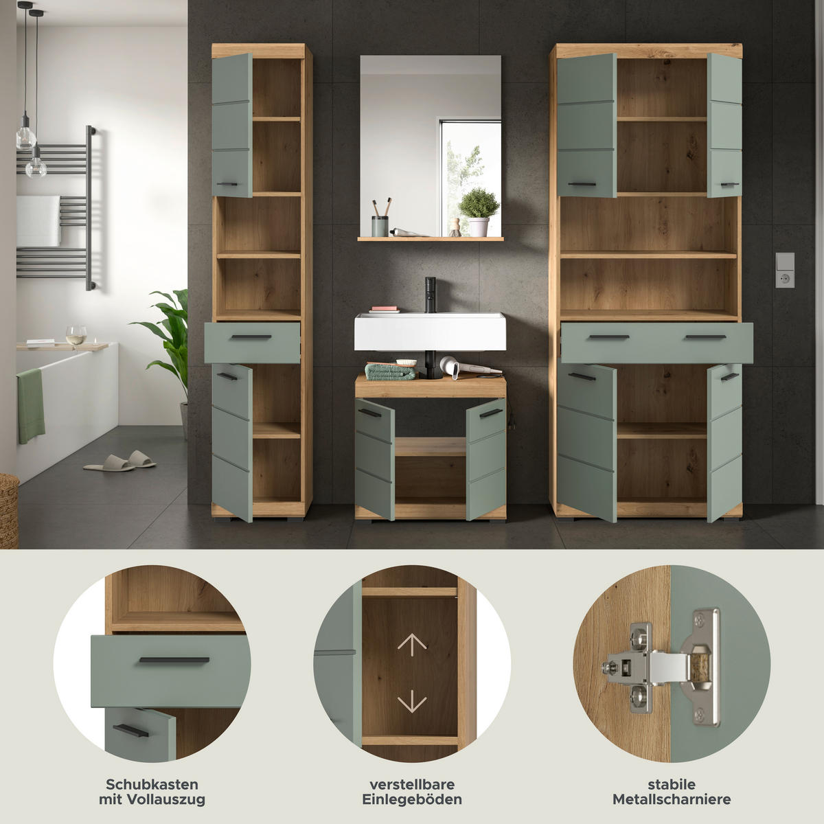 Badezimmer-Set Scout Eiche Artisan Nachbildung salbei Nachbildung B/H/T: ca. 186x191x34 cm Scout - Eiche/salbei (186,00/191,00/34,00cm) - xonox.home