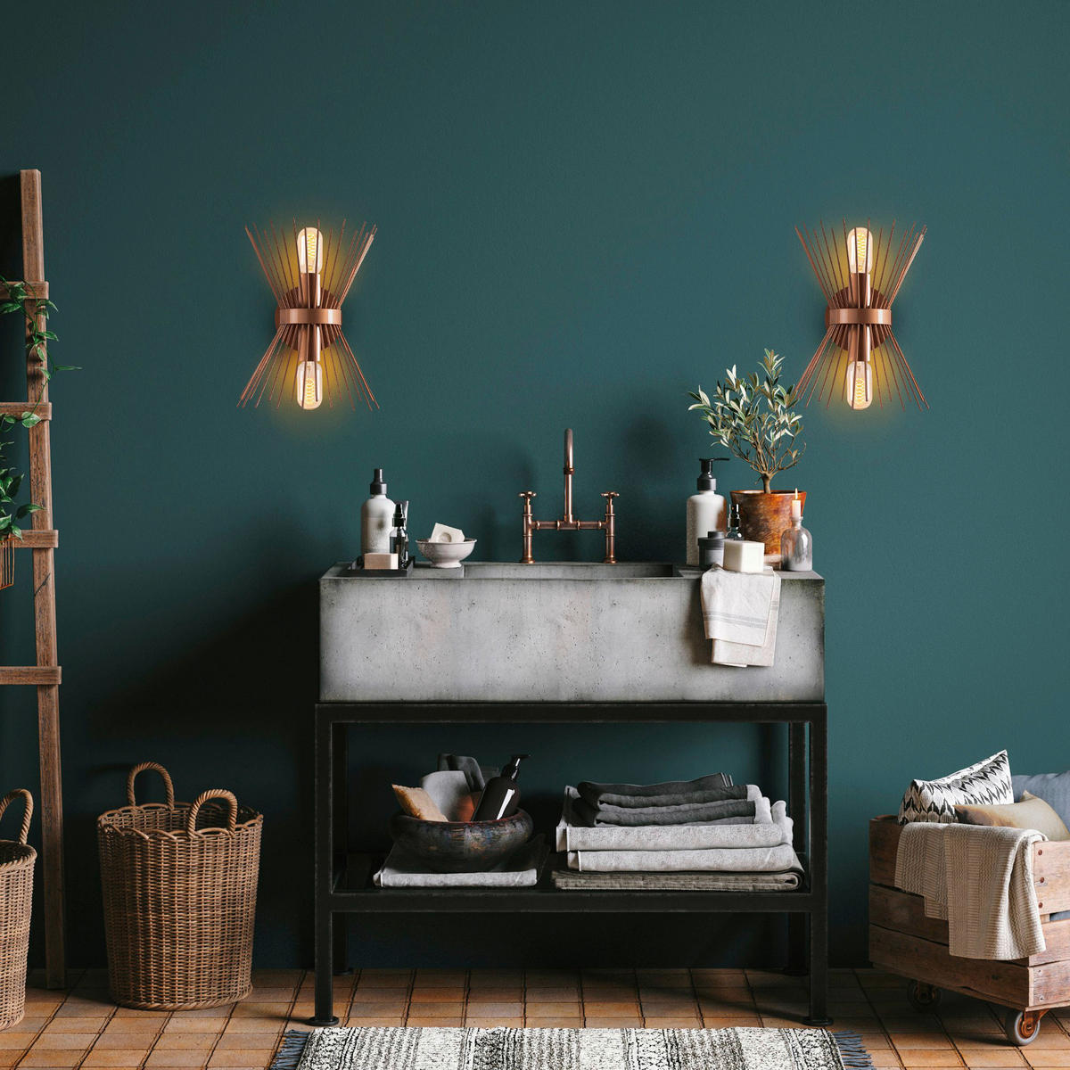 Opviq Wandleuchte Kupfer B/H/T/L: ca. 16x33x16x23 cm E27 2 Brennstellen GMN - Kupfer (23,00/16,00/33,00cm) - Opviq