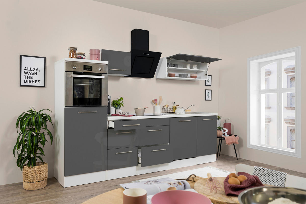 Respekta Küchenblock Amanda grau Hochglanz B/H/T: ca. 280x200x60 cm Amanda - weiß/Edelstahloptik (280,00/200,00/60,00cm) - Respekta