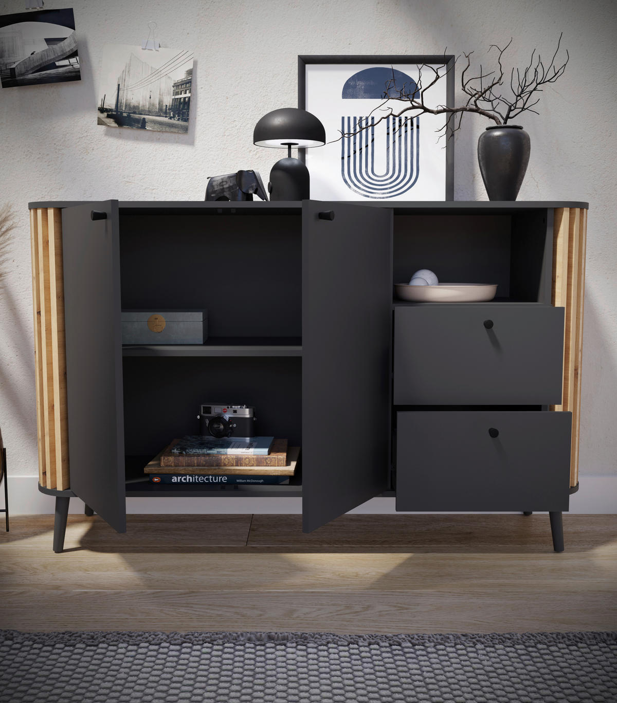 Sideboard PURE grau Eiche Artisan Nachbildung B/H/T: ca. 138x87,5x40 cm PURE - Eiche/grau (138,00/87,50/40,00cm) - xonox.home
