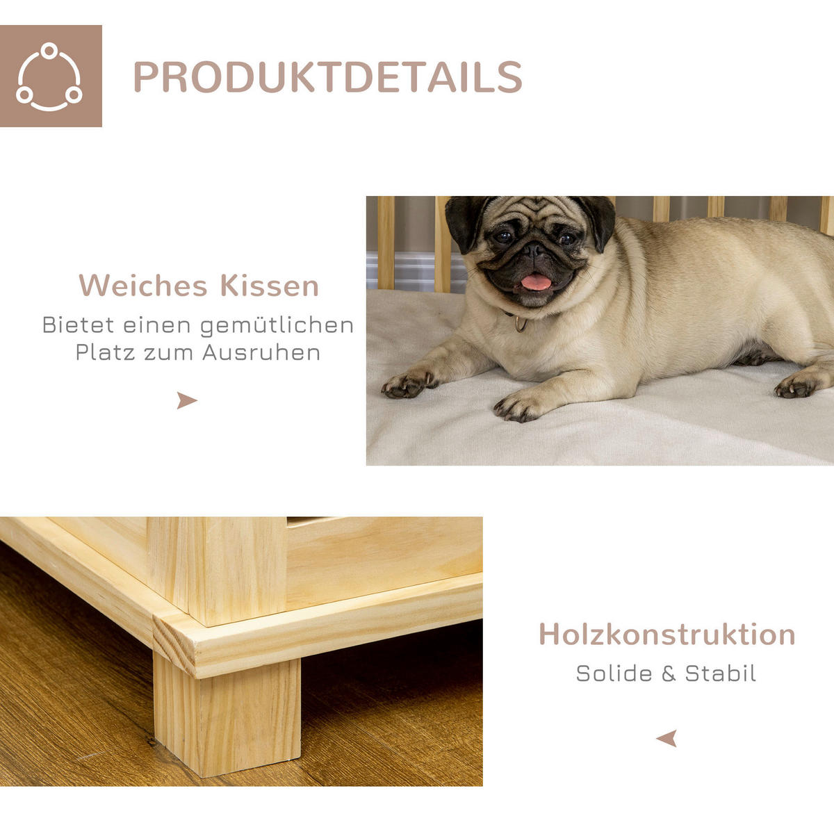 PawHut Hunde-Zubehör cremeweiß Kiefer B/H/L: ca. 57x82,5x72 cm Hundekäfig - natur/cremeweiß (72,00/57,00/82,50cm) - PawHut