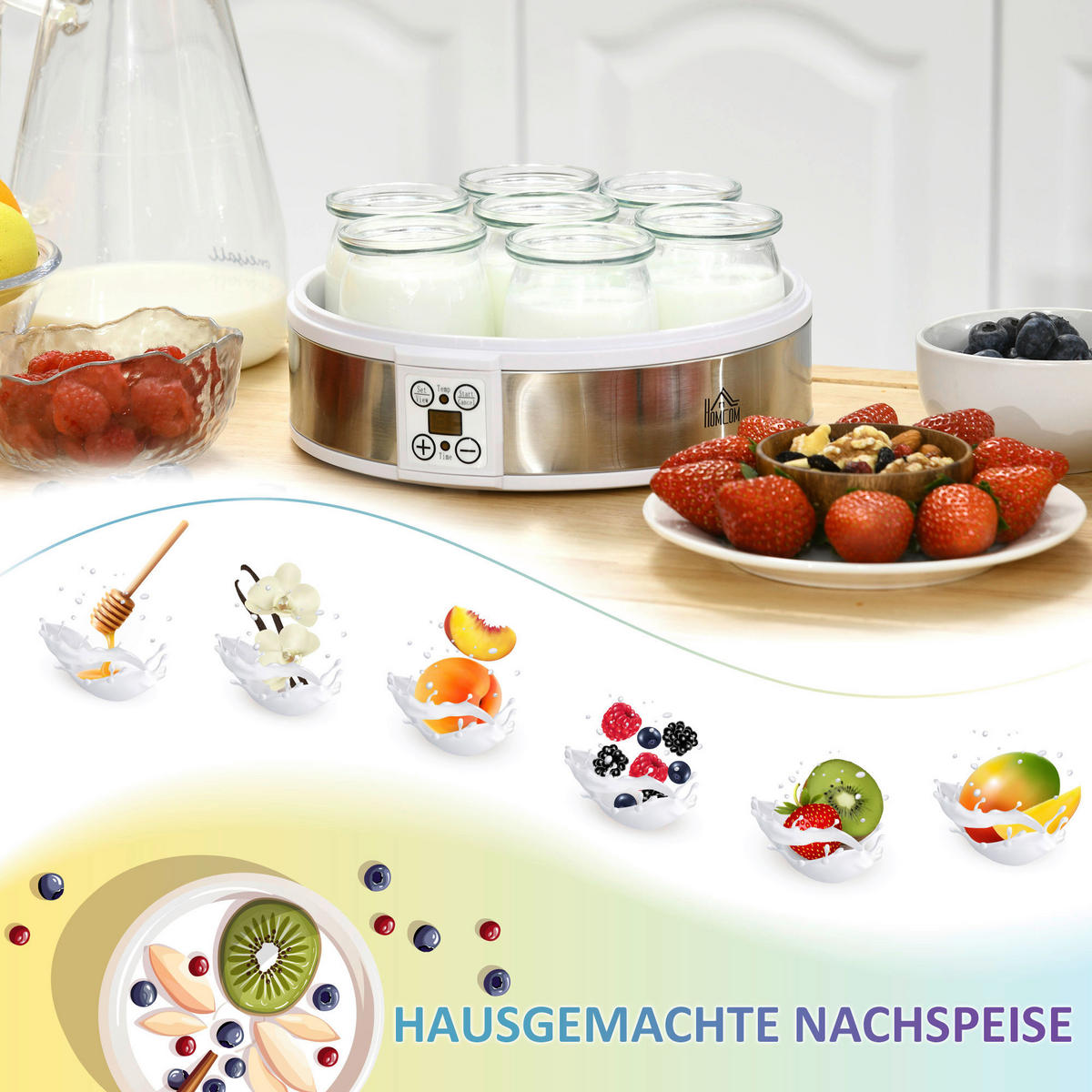 HOMCOM Küchengerät weiß Polypropylen Edelstahl B/H/L: ca. 24x24x13 cm Joghurtbereiter - weiß (13,00/24,00/24,00cm) - HOMCOM