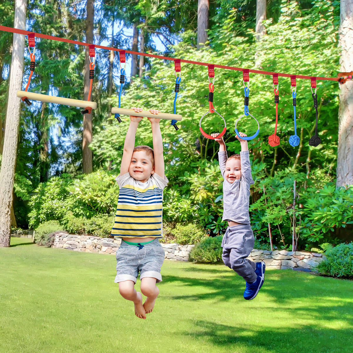 Outsunny Outdoor-Spielzeug schwarz Kunststoff B/H/L: ca. 40x1000x100 cm Ninja_Slackline-Set - blau/rot (100,00/40,00/1000,00cm) - Outsunny
