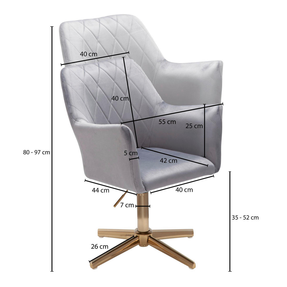 Drehstuhl grau gold Samt Eisen Drehstuhl - gold/grau (55,00/97,00/55,00cm) - Wohnling