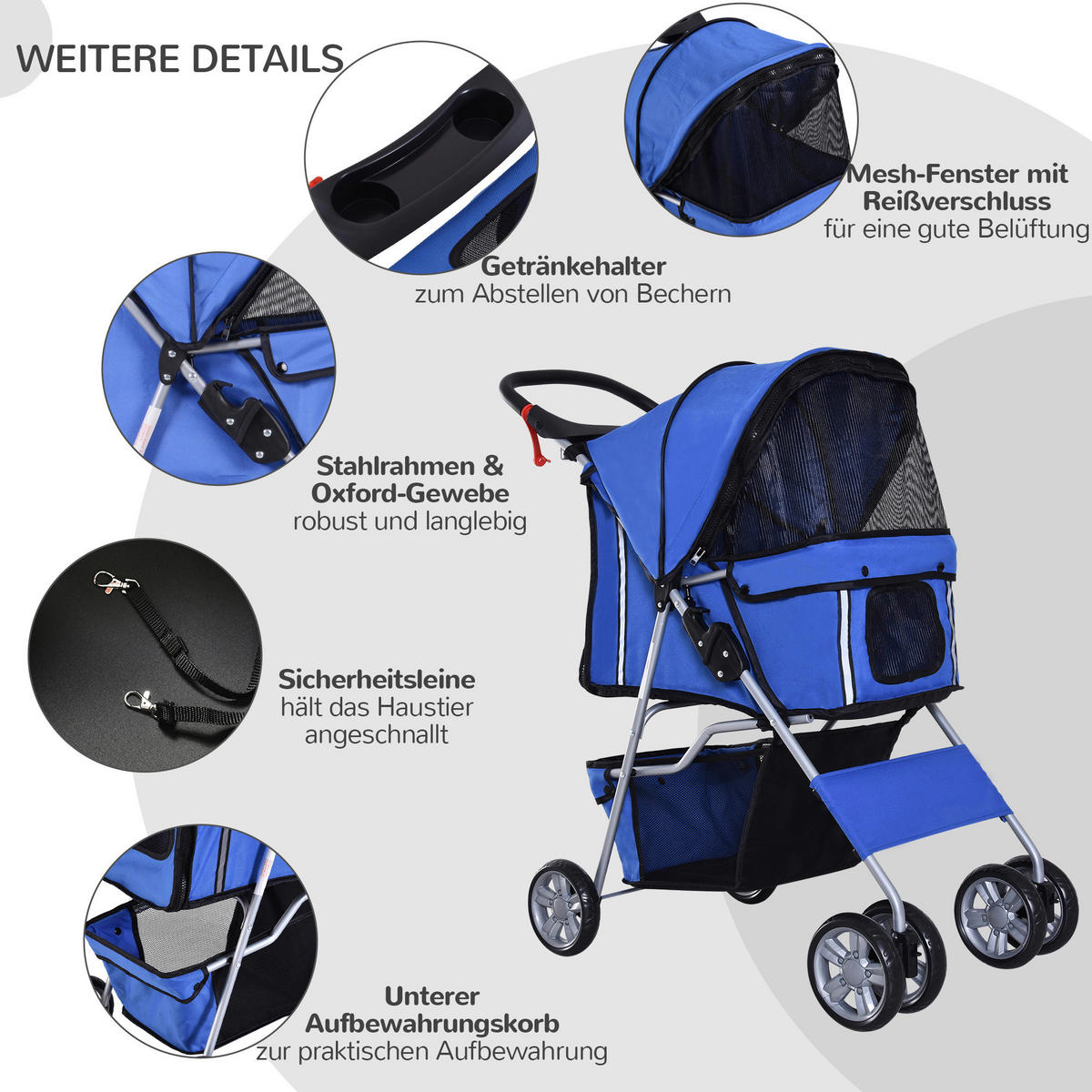 PawHut Hunde-Zubehör blau Edelstahl B/H/L: ca. 45x75x97 cm Hundebuggy - blau (97,00/45,00/75,00cm) - PawHut