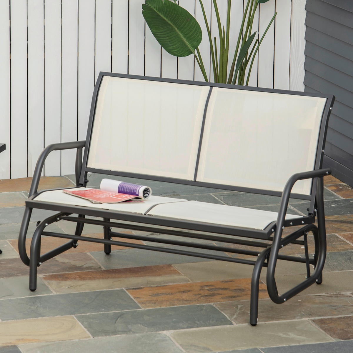 Outsunny Sitzbank schwarz Metall B/H/L: ca. 70x85x120 cm Sitzbank - beige/schwarz (120,00/70,00/85,00cm) - Outsunny