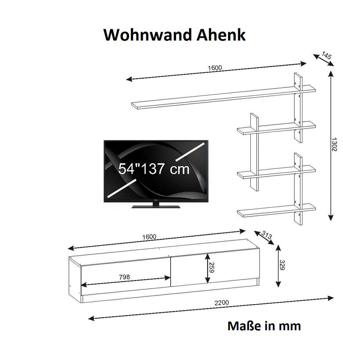 Wohnwand Ahenk weiß B/H/T: ca. 160x32,9x31,3 cm Ahenk - weiß (160,00/32,90/31,30cm) - moebel17