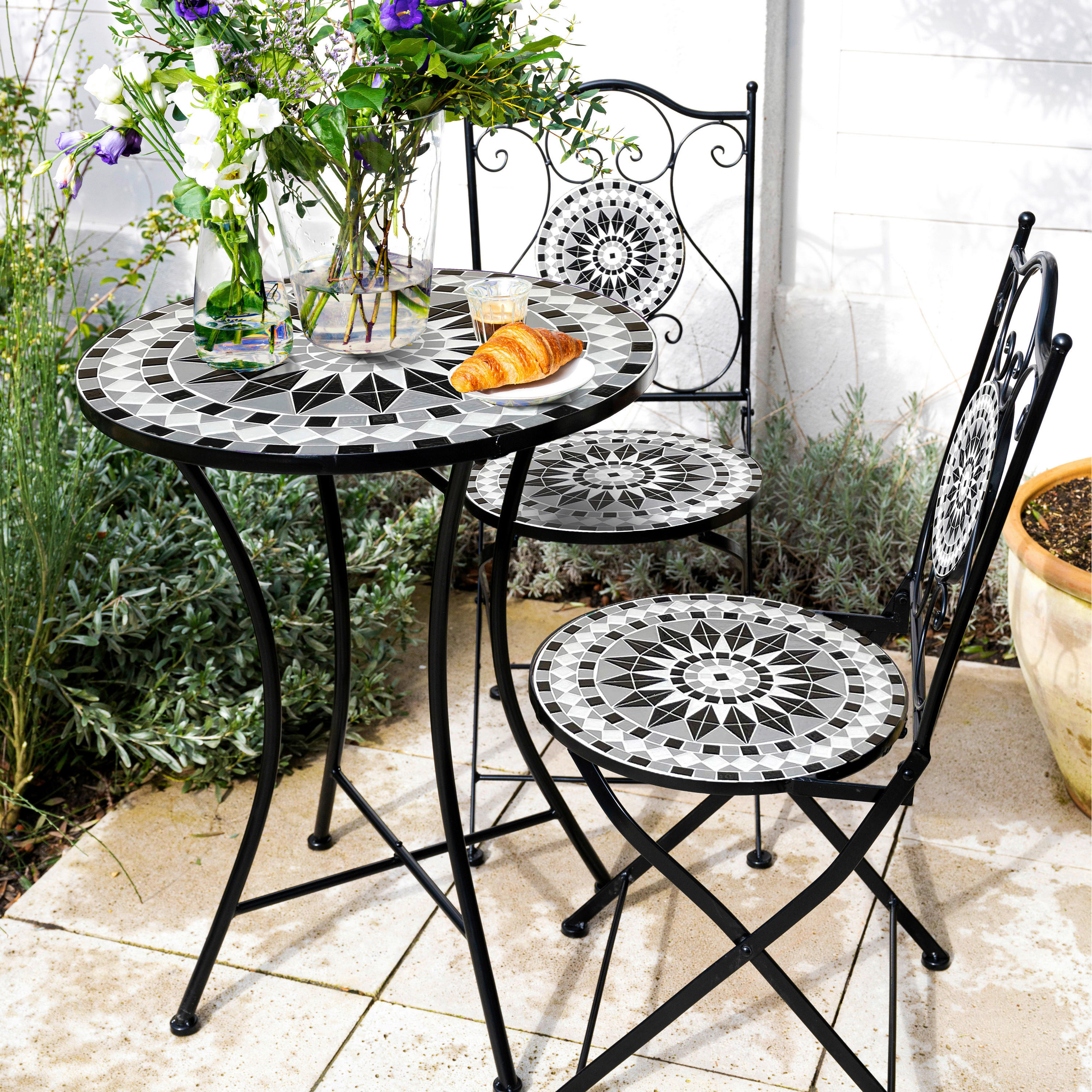 AXI Outdoor Living Bistroset Amélie Mosaik schwarz Metall B/H/L: ca. 60x92x60 cm Amélie Mosaik - weiß/schwarz (60,00/60,00/92,00cm) - AXI Outdoor Living