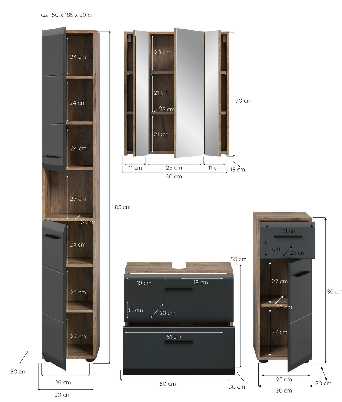 Badezimmer-Set Ice Nox Oak Nachbildung schwarz matt B/H/T: ca. 150x185x30 cm Ice - schwarz (150,00/185,00/30,00cm) - xonox.home