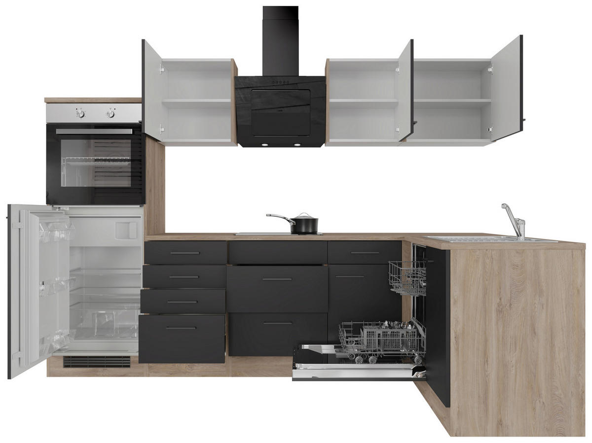 Winkelküche Capri schwarz matt B/H/T: ca. 280x200x60 cm Capri - schwarz/Oak (280,00/200,00/60,00cm) - Flex-Well