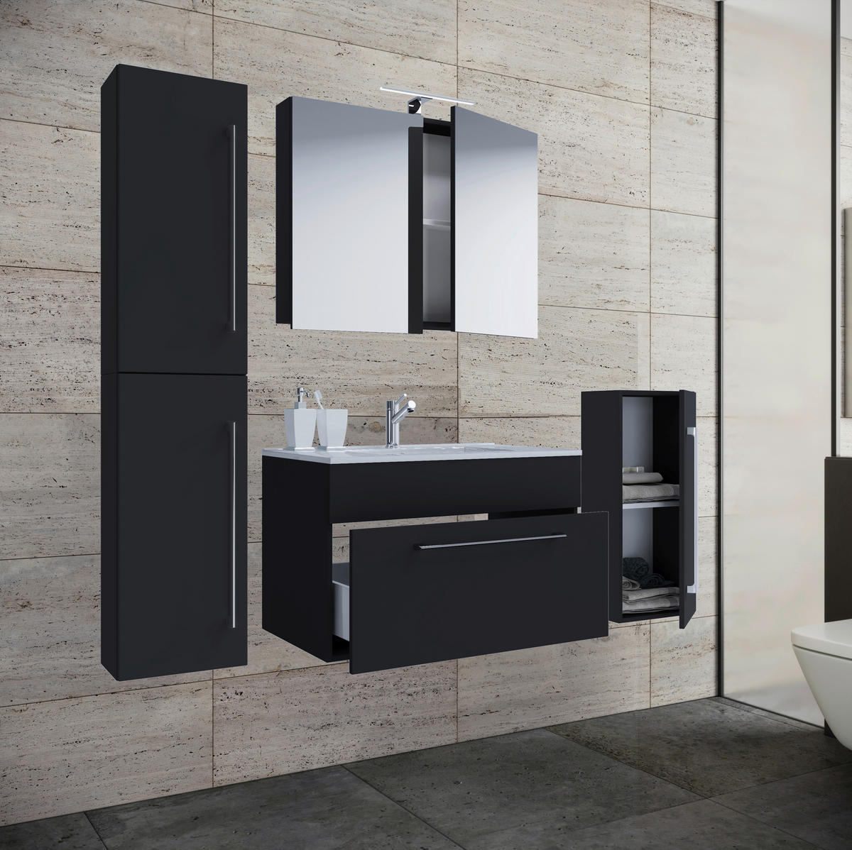 Waschplatz 5tlg-Badinos schwarz B/H/T: ca. 60x50x46 cm 5tlg-Badinos - schwarz (60,00/50,00/46,00cm) - VCM Möbel