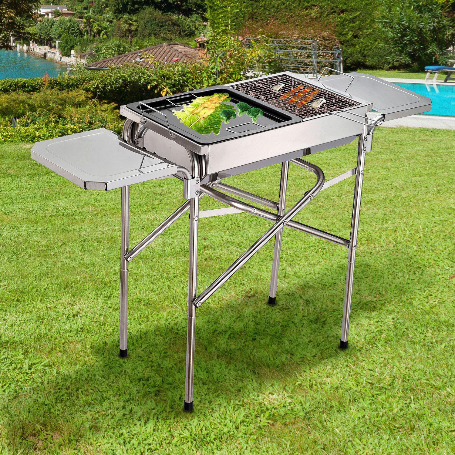 Outsunny Holzkohlegrill Edelstahl B/H/L:...