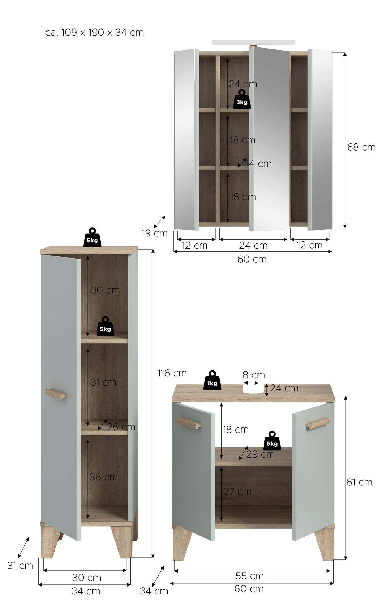 Badezimmer-Set STAR hellgrün Eiche hell Nachbildung B/H/T: ca. 109x190x34 cm STAR - hellgrün (109,00/190,00/34,00cm) - xonox.home