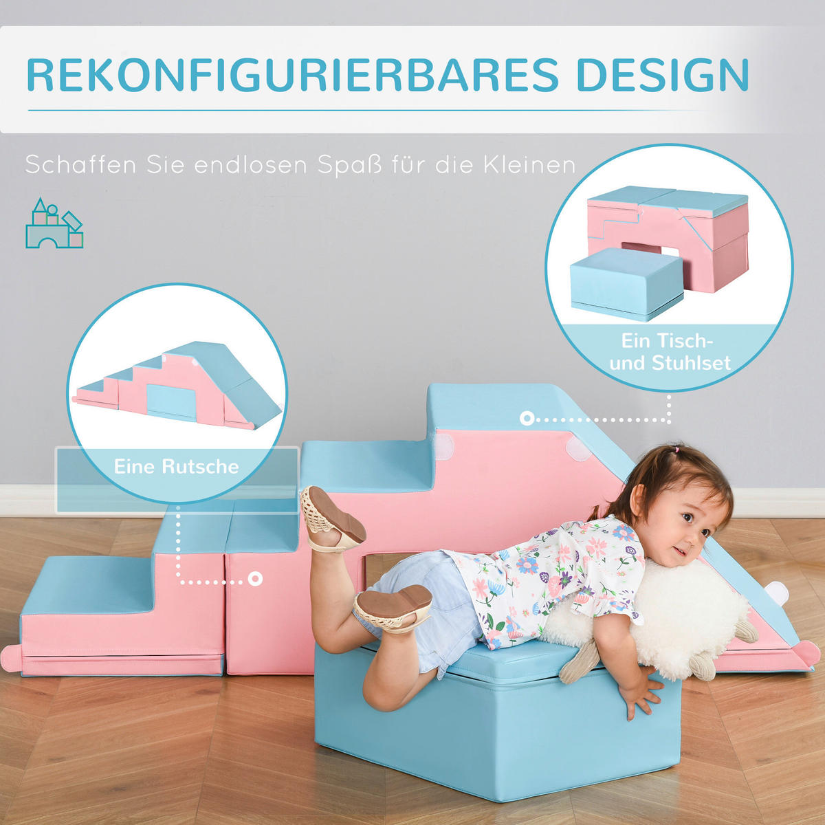 HOMCOM Kinder-Softplay-Set B/H/L: ca. 49x47x147 cm Kinder-Softplay-Set - blau/rosa (147,00/49,00/47,00cm) - HOMCOM
