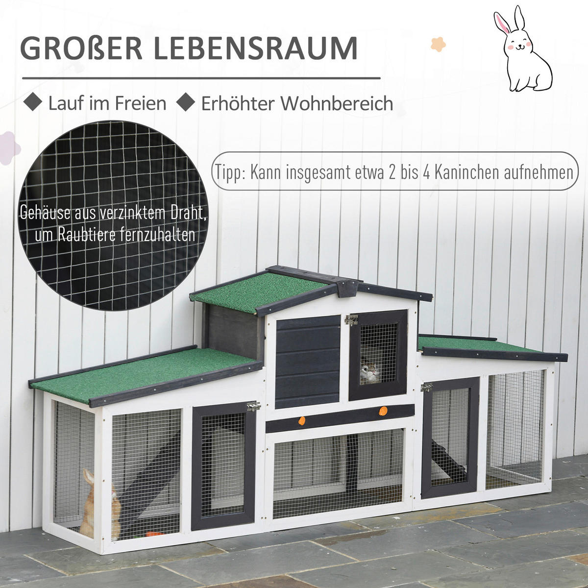 PawHut Kleintierstall weiß Holz B/H/L: ca. 45x80x204 cm Kleintierstall - weiß/dunkelgrau (204,00/45,00/80,00cm) - PawHut