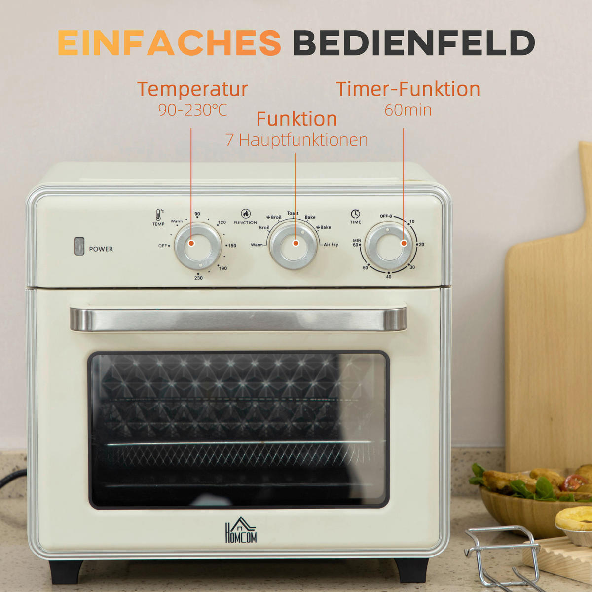 HOMCOM Küchengerät 800-152V90CW cremeweiß Edelstahl B/H/L: ca. 37,7x36x34,5 cm Minibackofen - cremeweiß (34,50/37,70/36,00cm) - HOMCOM