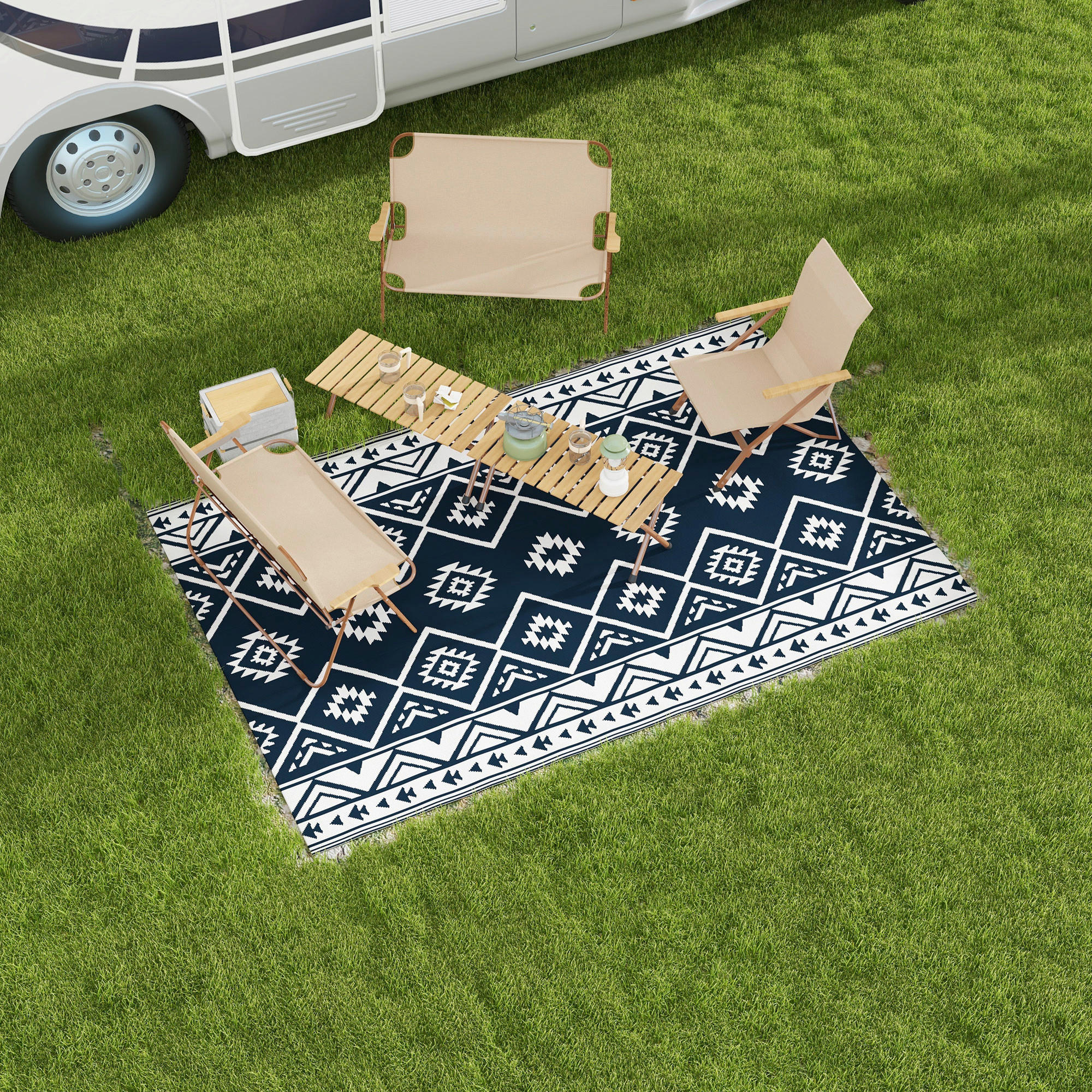 Outsunny Outdoor-Teppich blau B/H/L: ca. 274x182x0,3 cm Outdoor-Teppich - blau/weiß (0,30/274,00/182,00cm) - Outsunny