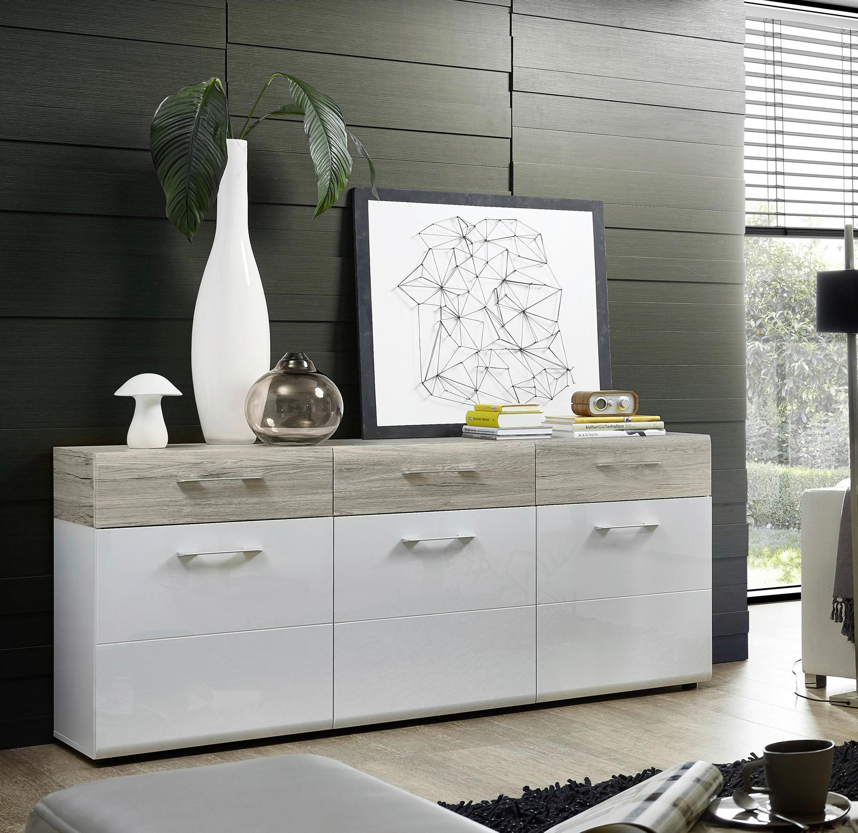 Sideboard Spirit weiß weiß Hochglanz Sandeiche Nachbildung B/H/T: ca. 175x85x44 cm Spirit - weiß (175,00/85,00/44,00cm)