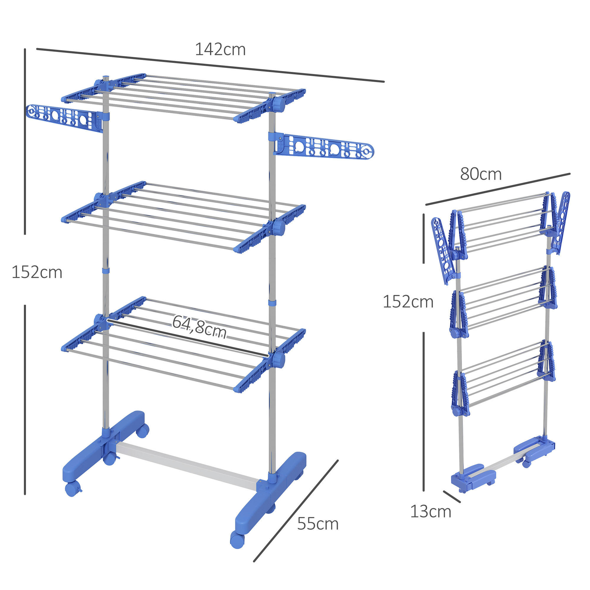 HOMCOM Wäscheständer blau Kunststoff B/H/L: ca. 55x142x152 cm Trockenständer - blau (152,00/55,00/142,00cm) - HOMCOM