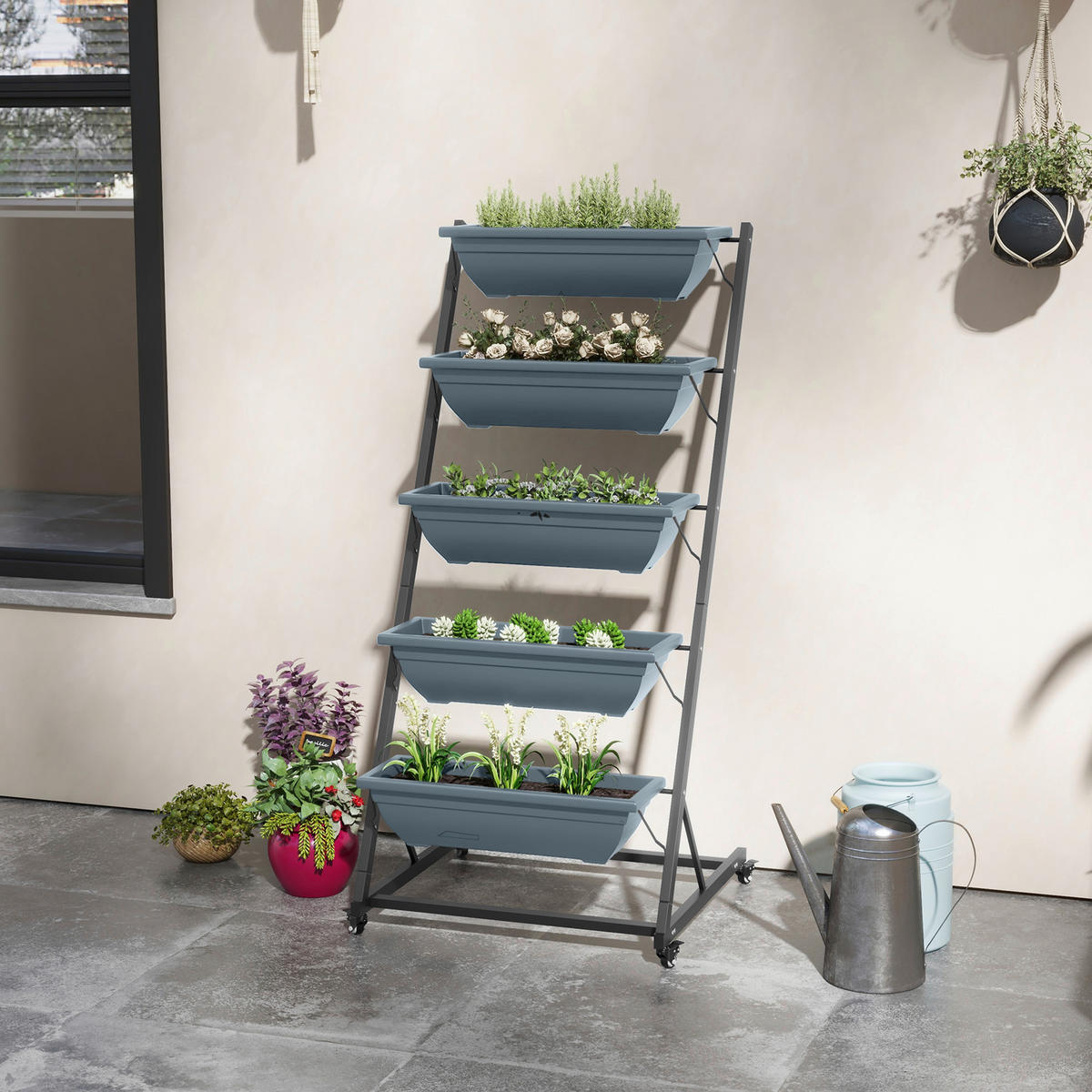 Outsunny Pflanzständer grau Polypropylen B/H/L: ca. 67x65x145 cm Blumenständer - grau (145,00/67,00/65,00cm) - Outsunny