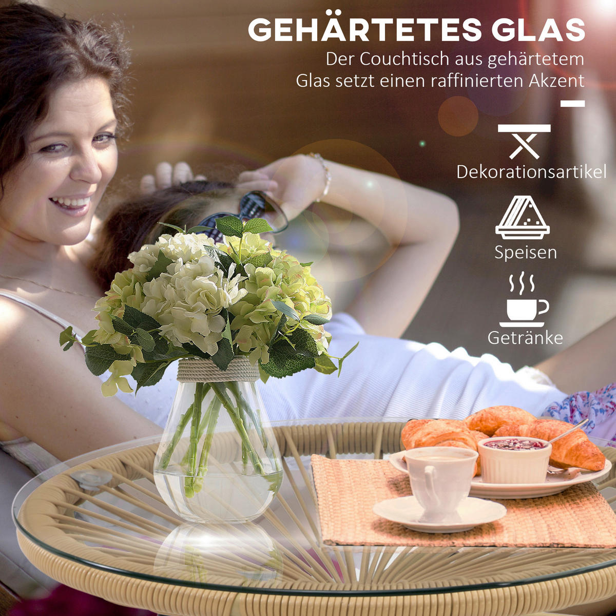 Outsunny Beistelltisch beige Eisen B/H/L: ca. 50x50x50 cm Rattan_Beistelltisch - beige (50,00/50,00/50,00cm) - Outsunny