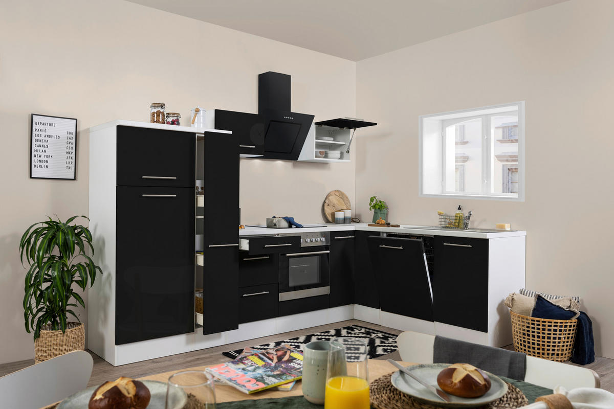 Respekta Winkelküche Amanda schwarz Hochglanz B/T/L: ca. 290x60x200 cm Amanda - weiß/schwarz (290,00/200,00cm) - Respekta